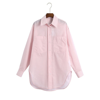 Lapel Single Pocket Striped Long-Sleeved Shirt