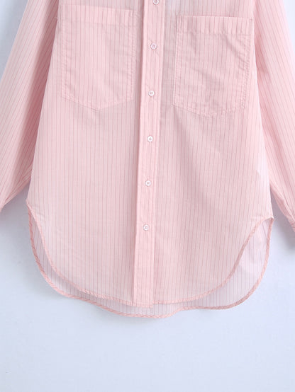 Lapel Single Pocket Striped Long-Sleeved Shirt