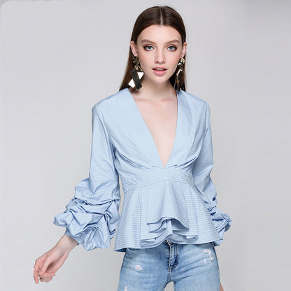 Slim V-Neck Nine-Point Sleeve Ruffled  Shirt