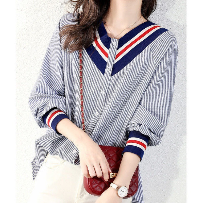 Temperament Striped  Slim V-neck Shirt