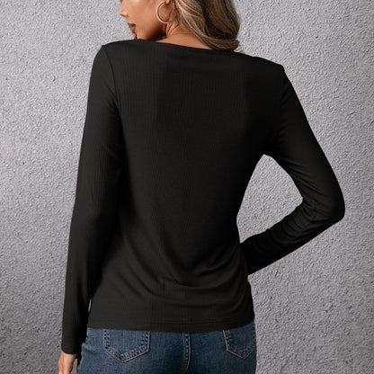 Solid Color V-neck Button Long-sleeved Slim Top