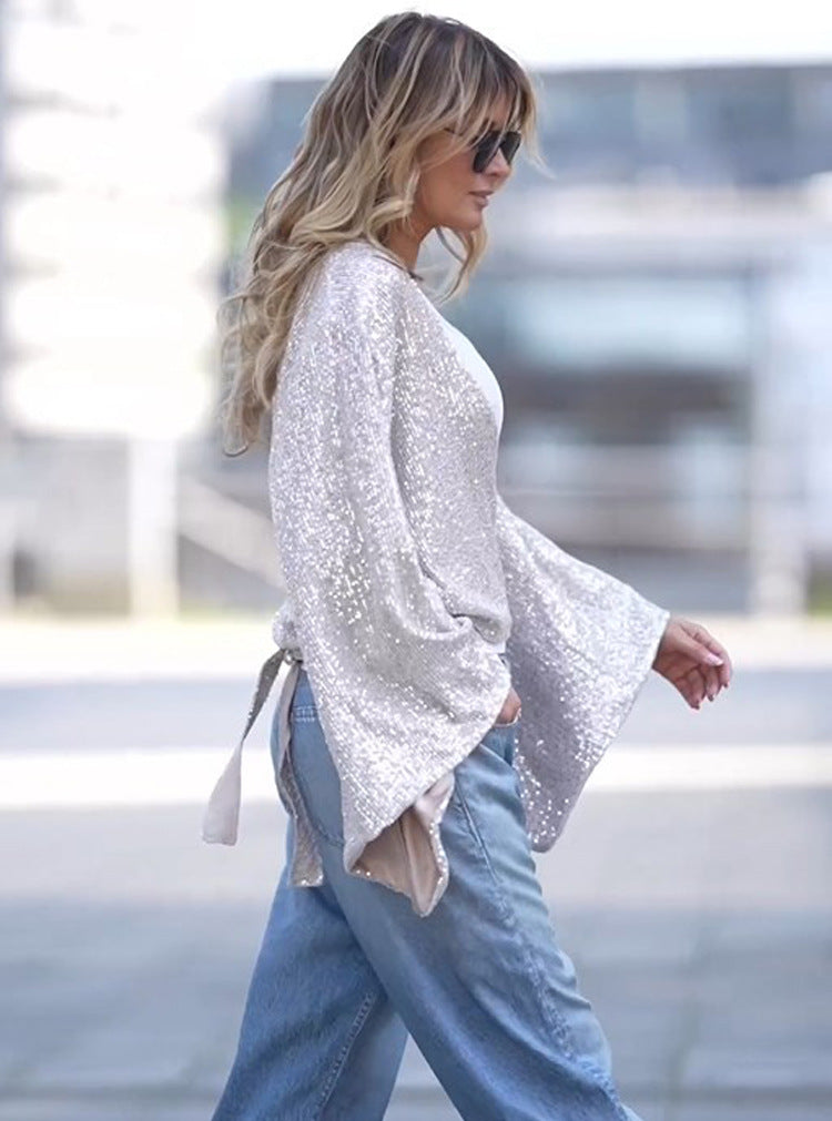 Sequined Lace-up Loose Shirt