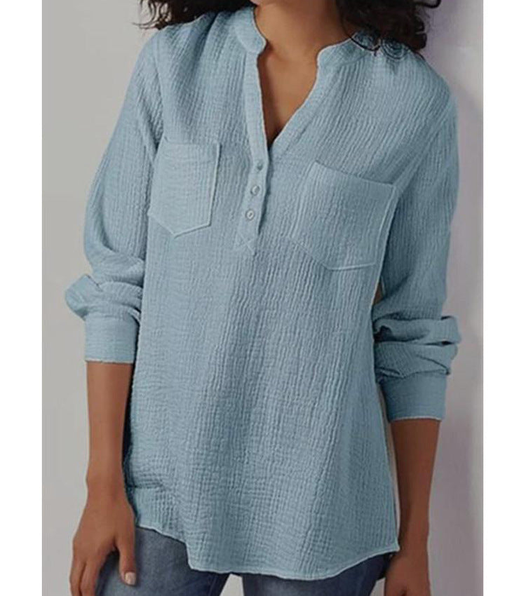 V-Neck Pocket - Cotton And Linen - Loose Shirt