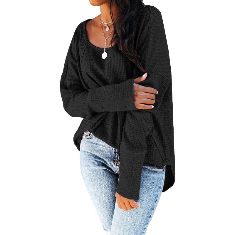 New Waffle Round Neck Stitching Pullover Long-sleeved Shirt