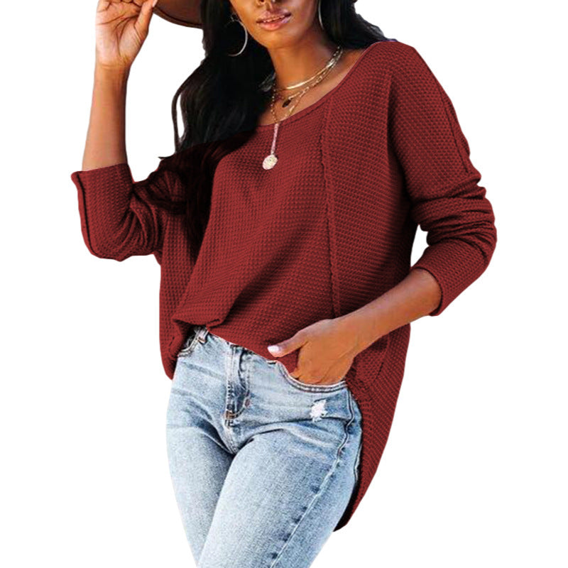 New Waffle Round Neck Stitching Pullover Long-sleeved Shirt