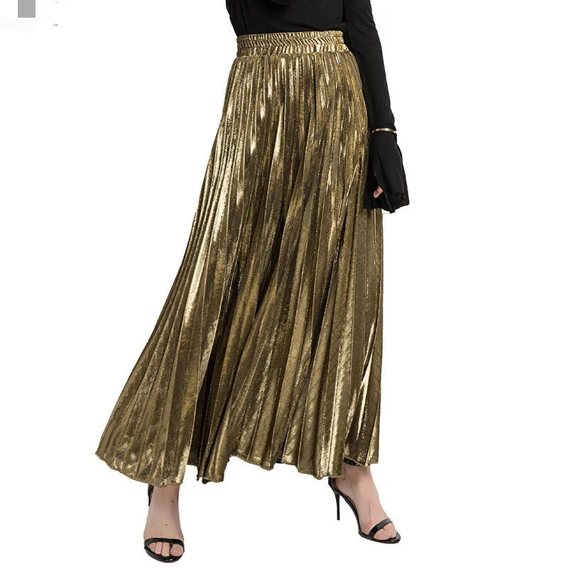 Metallic Pleated Maxi Skirt High