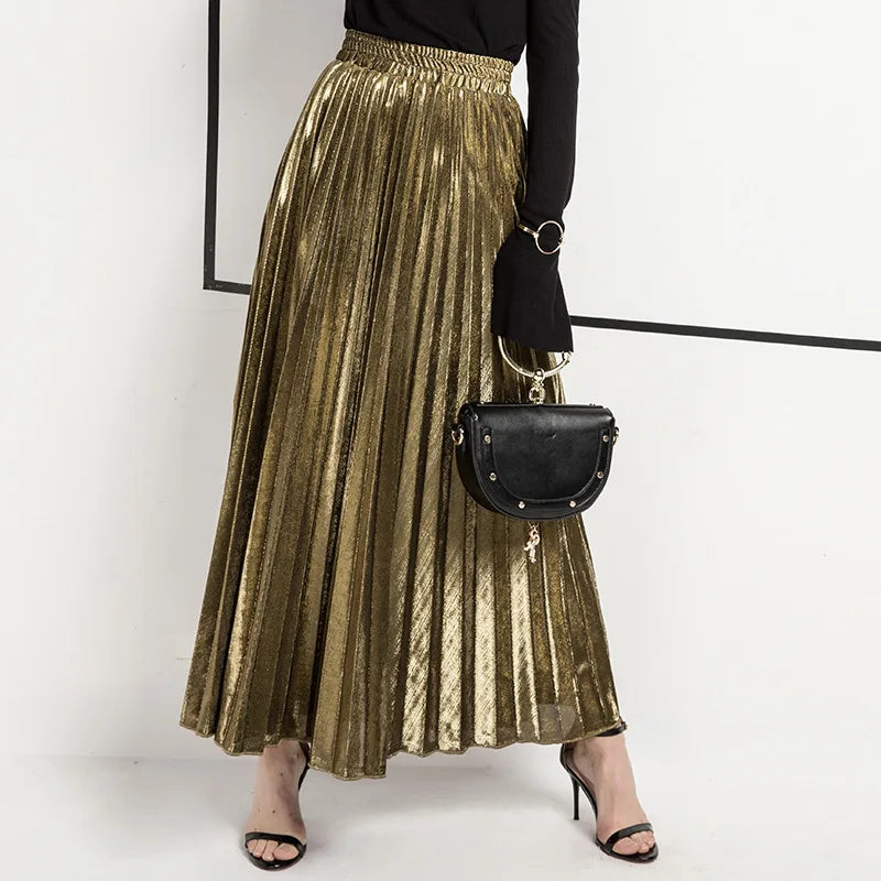 Metallic Pleated Maxi Skirt High