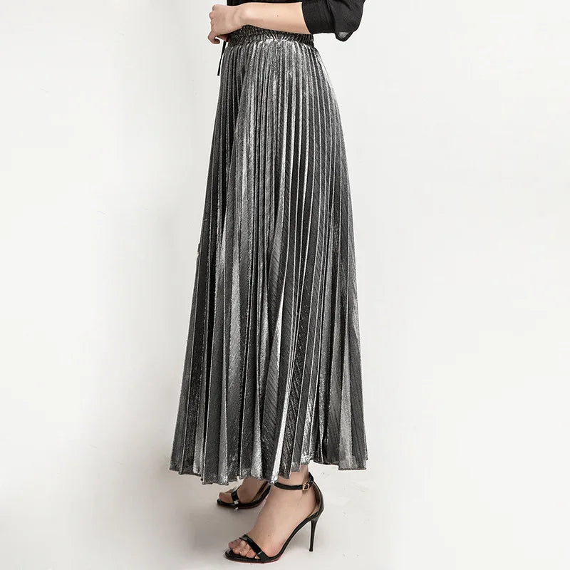 Metallic Pleated Maxi Skirt High