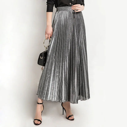 Metallic Pleated Maxi Skirt High