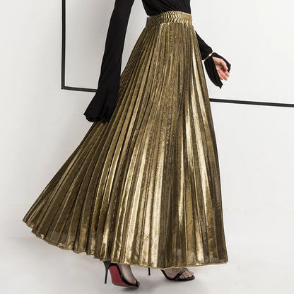 Metallic Pleated Maxi Skirt High