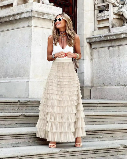 Long Tulle Pleated Skirt