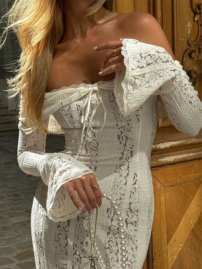 White Off Shoulder Lace Up Maxi Dress