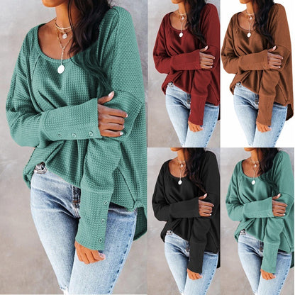 New Waffle Round Neck Stitching Pullover Long-sleeved Shirt