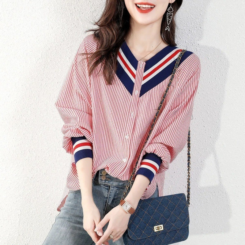 Temperament Striped  Slim V-neck Shirt