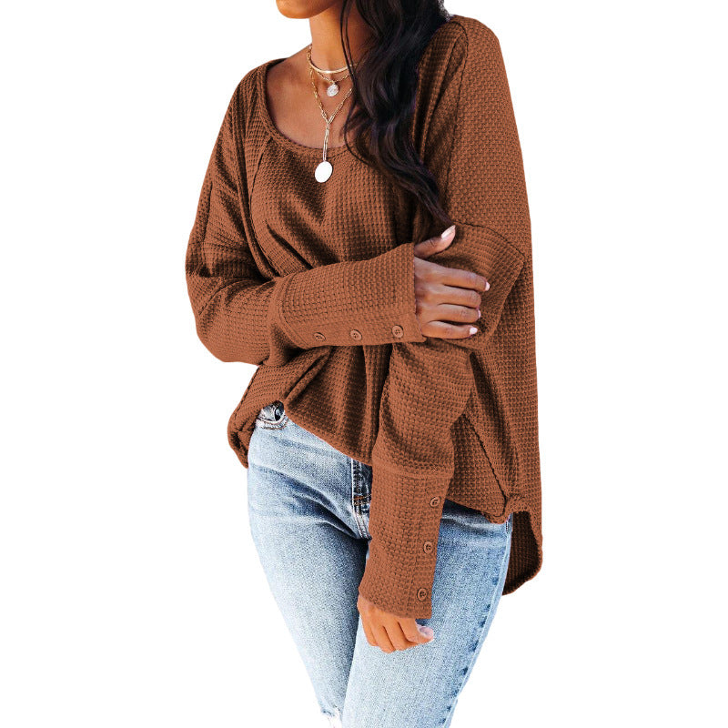 New Waffle Round Neck Stitching Pullover Long-sleeved Shirt