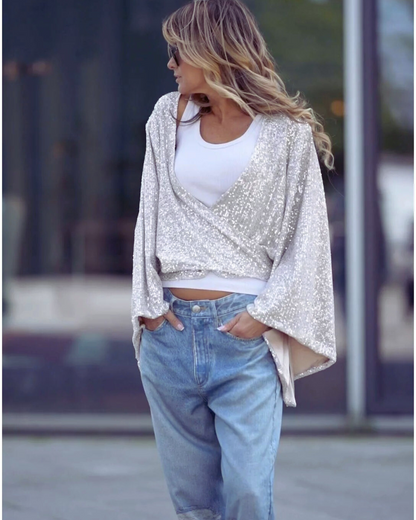 Sequined Lace-up Loose Shirt